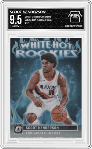 Scoot Henderson from the 2023-24 Donruss Optic set featuring a Holo parallel graded by Arena Club and given an overall grade of 9.5.