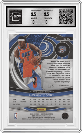 Luguentz Dort from the 2022-23 Panini Spectra set featuring a Marble parallel graded by Arena Club and given an overall grade of 10.