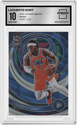 Luguentz Dort from the 2022-23 Panini Spectra set featuring a Marble parallel graded by Arena Club and given an overall grade of 10.