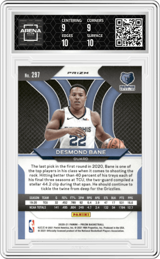 Desmond Bane from the 2020-21 Panini Prizm set featuring a Ruby Wave parallel graded by Arena Club and given an overall grade of 9.5.