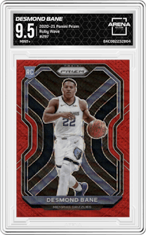Desmond Bane from the 2020-21 Panini Prizm set featuring a Ruby Wave parallel graded by Arena Club and given an overall grade of 9.5.