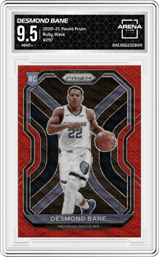 Desmond Bane from the 2020-21 Panini Prizm set featuring a Ruby Wave parallel graded by Arena Club and given an overall grade of 9.5.