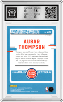 Ausar Thompson from the 2023-24 Donruss Optic set featuring a Hyper Pink parallel graded by Arena Club and given an overall grade of 10.