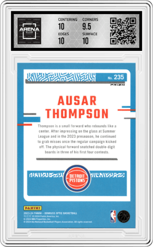 Ausar Thompson from the 2023-24 Donruss Optic set featuring a Hyper Pink parallel graded by Arena Club and given an overall grade of 10.
