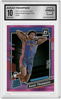 Ausar Thompson from the 2023-24 Donruss Optic set featuring a Hyper Pink parallel graded by Arena Club and given an overall grade of 10.