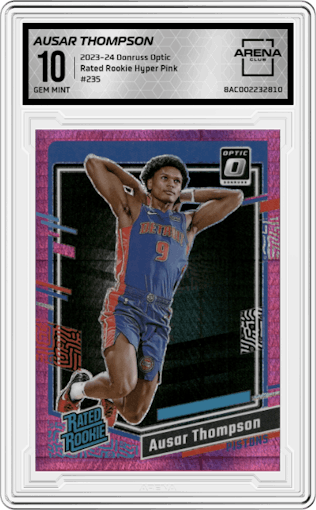 Ausar Thompson from the 2023-24 Donruss Optic set featuring a Hyper Pink parallel graded by Arena Club and given an overall grade of 10.