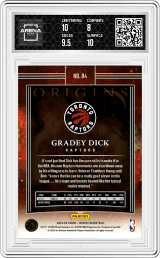 Gradey Dick from the 2023-24 Panini Origins set featuring a Purple parallel graded by Arena Club and given an overall grade of 8.5.