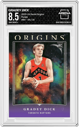 Gradey Dick from the 2023-24 Panini Origins set featuring a Purple parallel graded by Arena Club and given an overall grade of 8.5.