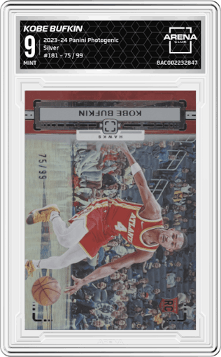 Kobe Bufkin from the 2023-24 Panini Photogenic set featuring a Silver parallel graded by Arena Club and given an overall grade of 9.