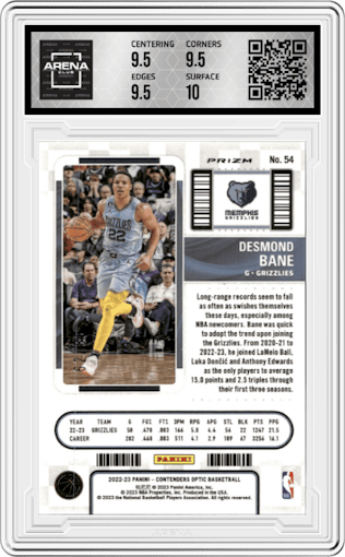 Desmond Bane from the 2022-23 Panini Contenders Optic set featuring a Blue parallel graded by Arena Club and given an overall grade of 10.