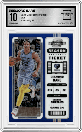 Desmond Bane from the 2022-23 Panini Contenders Optic set featuring a Blue parallel graded by Arena Club and given an overall grade of 10.