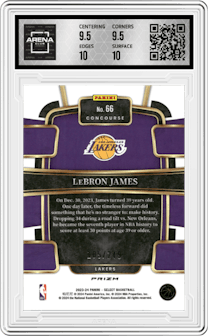 LeBron James from the 2023-24 Panini Select  set featuring a Blue Scope parallel graded by Arena Club and given an overall grade of 10.