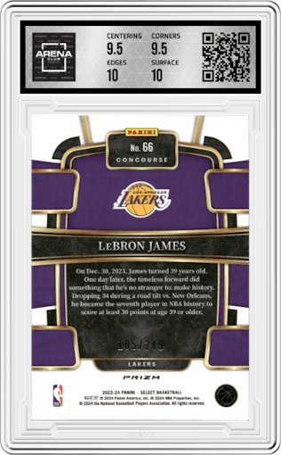 LeBron James from the 2023-24 Panini Select  set featuring a Blue Scope parallel graded by Arena Club and given an overall grade of 10.