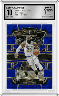 LeBron James from the 2023-24 Panini Select  set featuring a Blue Scope parallel graded by Arena Club and given an overall grade of 10.