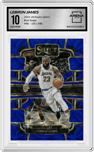 LeBron James from the 2023-24 Panini Select  set featuring a Blue Scope parallel graded by Arena Club and given an overall grade of 10.