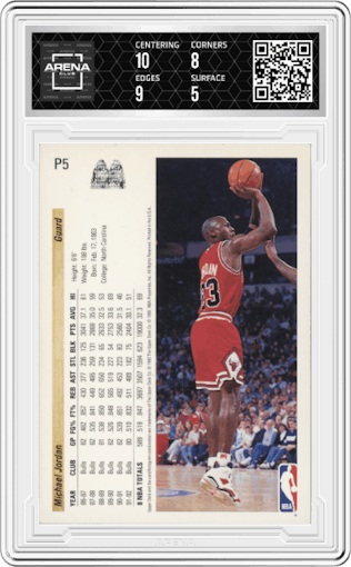 Michael Jordan from the 1992-93 UD McDonald's set graded by Arena Club and given an overall grade of 5.5.