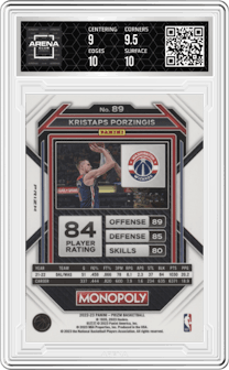 Kristaps Porzingis from the 2022-23 Panini Prizm Monopoly set featuring a Orange Prizm parallel graded by Arena Club and given an overall grade of 9.5.