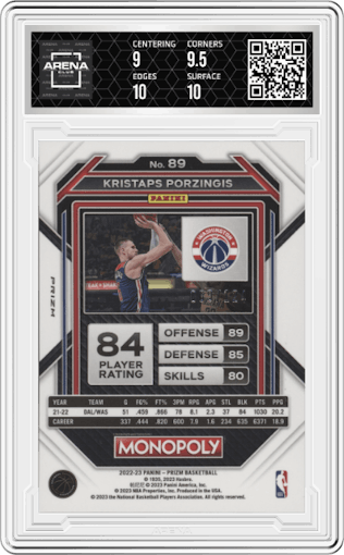 Kristaps Porzingis from the 2022-23 Panini Prizm Monopoly set featuring a Orange Prizm parallel graded by Arena Club and given an overall grade of 9.5.