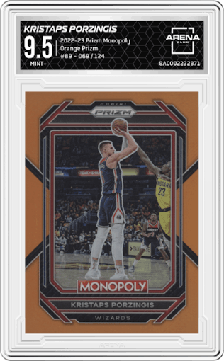 Kristaps Porzingis from the 2022-23 Panini Prizm Monopoly set featuring a Orange Prizm parallel graded by Arena Club and given an overall grade of 9.5.