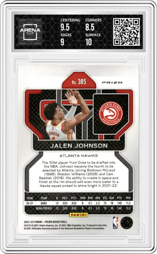 Jalen Johnson from the 2021-22 Panini Prizm  set featuring a Orange Ice parallel graded by Arena Club and given an overall grade of 9.