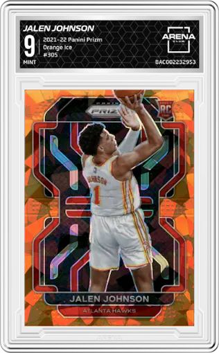 Jalen Johnson from the 2021-22 Panini Prizm  set featuring a Orange Ice parallel graded by Arena Club and given an overall grade of 9.