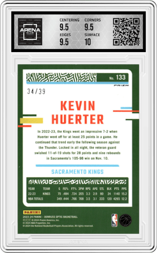 Kevin Huerter from the 2023-24 Donruss Optic set featuring a Black Velocity parallel graded by Arena Club and given an overall grade of 10.