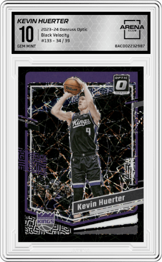Kevin Huerter from the 2023-24 Donruss Optic set featuring a Black Velocity parallel graded by Arena Club and given an overall grade of 10.