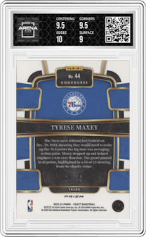 Tyrese Maxey from the 2023-24 Panini Select  set featuring a Neon Green Prizm parallel graded by Arena Club and given an overall grade of 9.5.