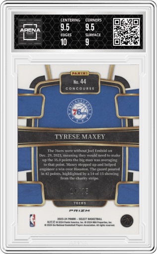 Tyrese Maxey from the 2023-24 Panini Select  set featuring a Neon Green Prizm parallel graded by Arena Club and given an overall grade of 9.5.