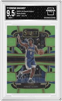Tyrese Maxey from the 2023-24 Panini Select  set featuring a Neon Green Prizm parallel graded by Arena Club and given an overall grade of 9.5.