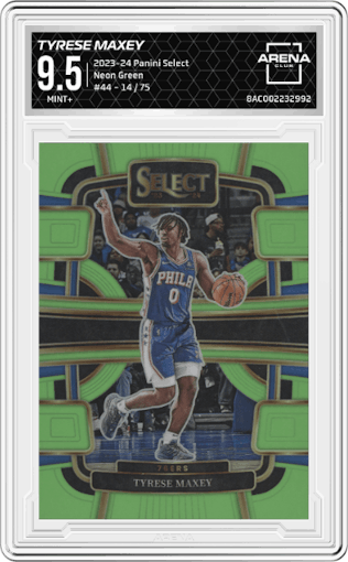 Tyrese Maxey from the 2023-24 Panini Select  set featuring a Neon Green Prizm parallel graded by Arena Club and given an overall grade of 9.5.