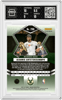 Giannis Antetokounmpo from the 2021-22 Panini Mosaic  set featuring a Red Wave parallel graded by Arena Club and given an overall grade of 9.5.