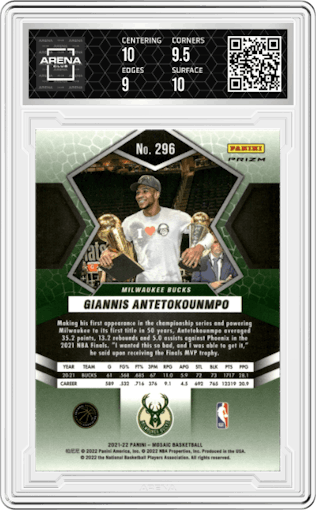 Giannis Antetokounmpo from the 2021-22 Panini Mosaic  set featuring a Red Wave parallel graded by Arena Club and given an overall grade of 9.5.