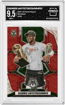 Giannis Antetokounmpo from the 2021-22 Panini Mosaic  set featuring a Red Wave parallel graded by Arena Club and given an overall grade of 9.5.
