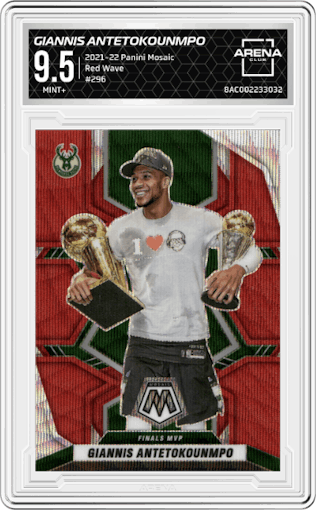 Giannis Antetokounmpo from the 2021-22 Panini Mosaic  set featuring a Red Wave parallel graded by Arena Club and given an overall grade of 9.5.