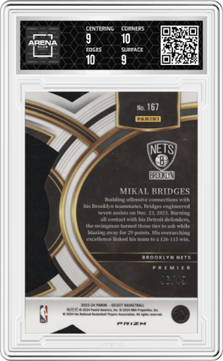 Mikal Bridges from the 2023-24 Panini Select  set featuring a Die-Cut Bronze Checker Prizm parallel graded by Arena Club and given an overall grade of 9.5.
