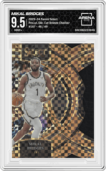 Mikal Bridges from the 2023-24 Panini Select  set featuring a Die-Cut Bronze Checker Prizm parallel graded by Arena Club and given an overall grade of 9.5.