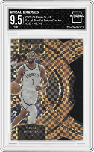 Mikal Bridges from the 2023-24 Panini Select  set featuring a Die-Cut Bronze Checker Prizm parallel graded by Arena Club and given an overall grade of 9.5.