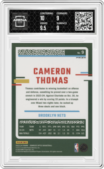 Cameron Thomas from the 2023-24 Donruss Optic set featuring a Jazz parallel graded by Arena Club and given an overall grade of 9.5.