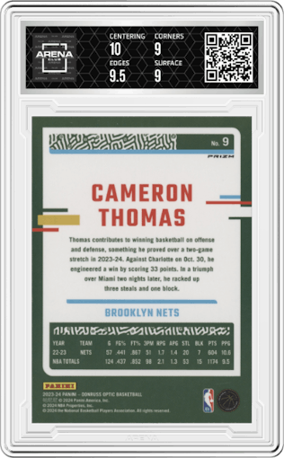 Cameron Thomas from the 2023-24 Donruss Optic set featuring a Jazz parallel graded by Arena Club and given an overall grade of 9.5.
