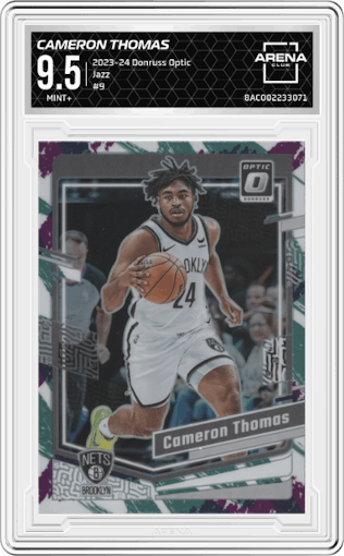 Cameron Thomas from the 2023-24 Donruss Optic set featuring a Jazz parallel graded by Arena Club and given an overall grade of 9.5.
