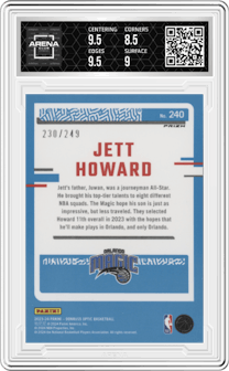 Jett Howard from the 2023-24 Donruss Optic set featuring a Aqua parallel graded by Arena Club and given an overall grade of 9.