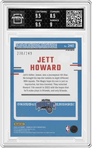 Jett Howard from the 2023-24 Donruss Optic set featuring a Aqua parallel graded by Arena Club and given an overall grade of 9.
