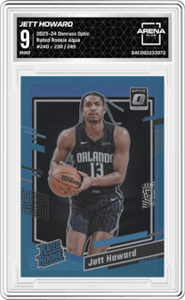 Jett Howard from the 2023-24 Donruss Optic set featuring a Aqua parallel graded by Arena Club and given an overall grade of 9.