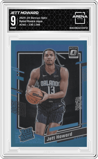 Jett Howard from the 2023-24 Donruss Optic set featuring a Aqua parallel graded by Arena Club and given an overall grade of 9.