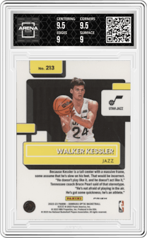 Walker Kessler from the 2022-23 Panini Donruss Optic  set featuring a Holo parallel graded by Arena Club and given an overall grade of 9.5.