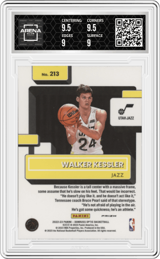 Walker Kessler from the 2022-23 Panini Donruss Optic  set featuring a Holo parallel graded by Arena Club and given an overall grade of 9.5.