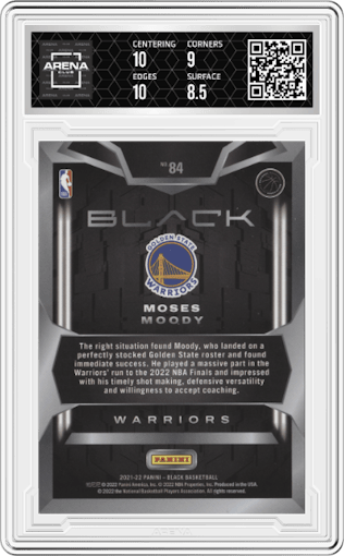 Moses Moody  from the 2021-22 Panini Black set featuring a Copper parallel graded by Arena Club and given an overall grade of 9.