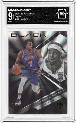 Moses Moody  from the 2021-22 Panini Black set featuring a Copper parallel graded by Arena Club and given an overall grade of 9.