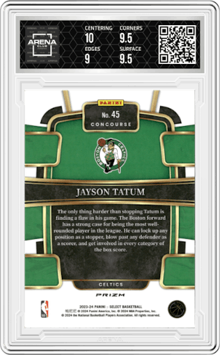 Jayson Tatum from the 2023-24 Panini Select  set featuring a Green Ice parallel graded by Arena Club and given an overall grade of 9.5.